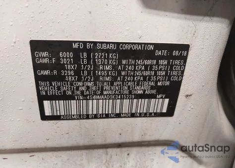 2019 Subaru Ascent z USA, uszkodzony, nr VIN 4S4WMAAD0K3415239